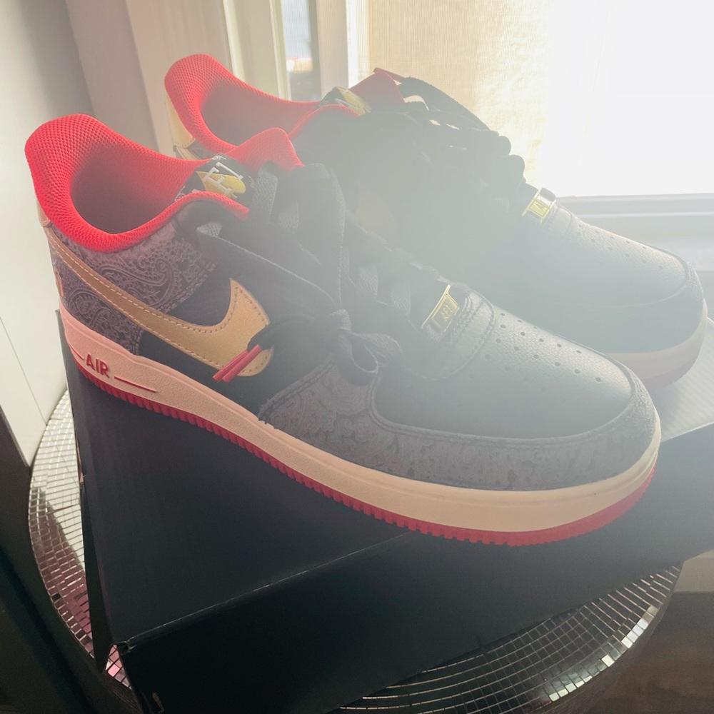 Nike Air Force 1 Black and Gold with Red Accents - Picture 6 of 7